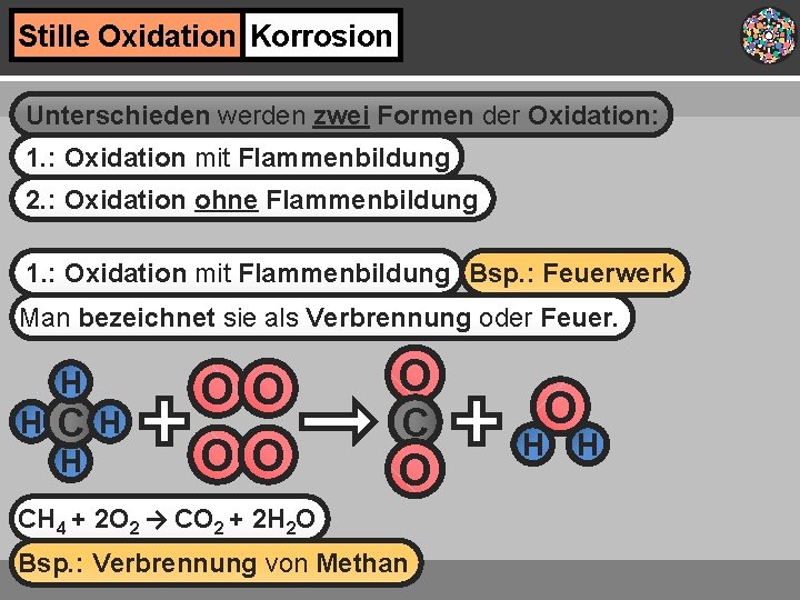 Stille Oxidation Korrosion Unterschieden werden zwei Formen der Oxidation: 1. : Oxidation mit Flammenbildung
