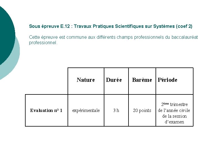 Sous épreuve E. 12 : Travaux Pratiques Scientifiques sur Systèmes (coef 2) Cette épreuve