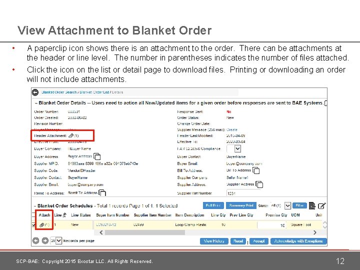 View Attachment to Blanket Order • • A paperclip icon shows there is an