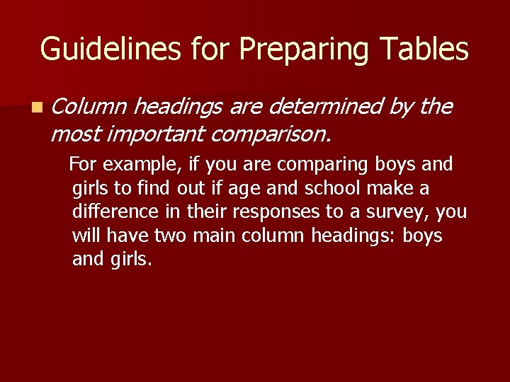 Guidelines for Preparing Tables n Column headings are determined by the most important comparison.