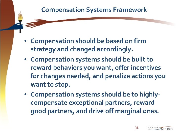 Compensation Systems Framework • Compensation should be based on firm strategy and changed accordingly.