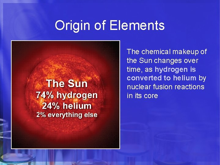 Origin of Elements The chemical makeup of the Sun changes over time, as hydrogen