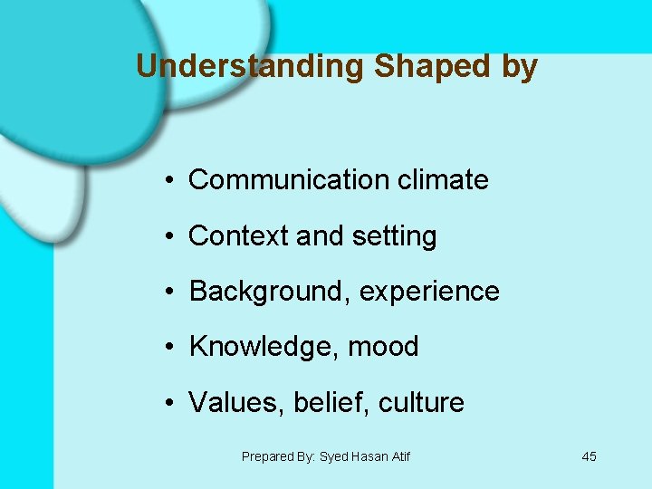 Understanding Shaped by • Communication climate • Context and setting • Background, experience •
