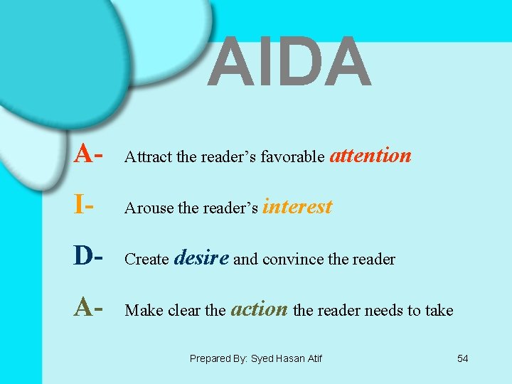 AIDA A- Attract the reader’s favorable attention I- Arouse the reader’s interest D- Create