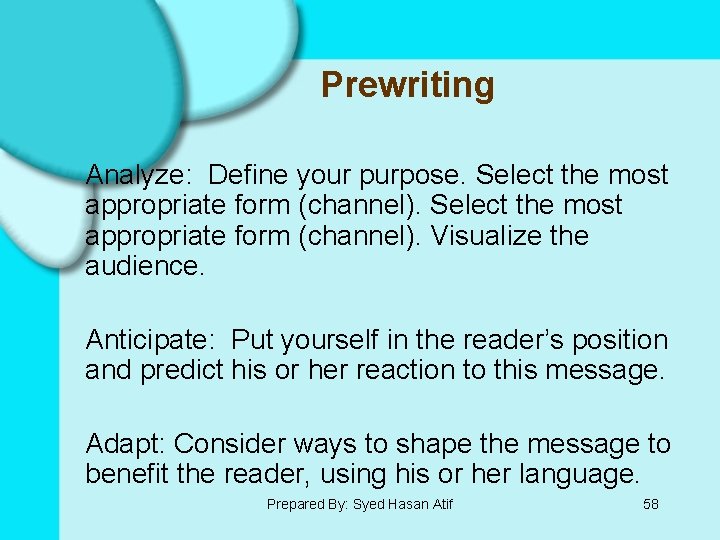 Prewriting Analyze: Define your purpose. Select the most appropriate form (channel). Visualize the audience.