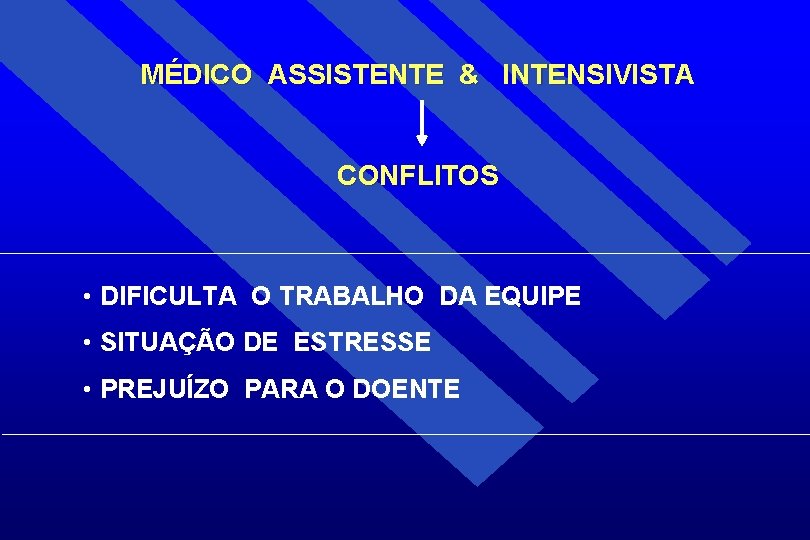 MÉDICO ASSISTENTE & INTENSIVISTA CONFLITOS • DIFICULTA O TRABALHO DA EQUIPE • SITUAÇÃO DE