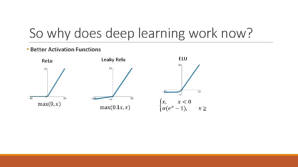 So why does deep learning work now? • Better Activation Functions Re. Lu Leaky