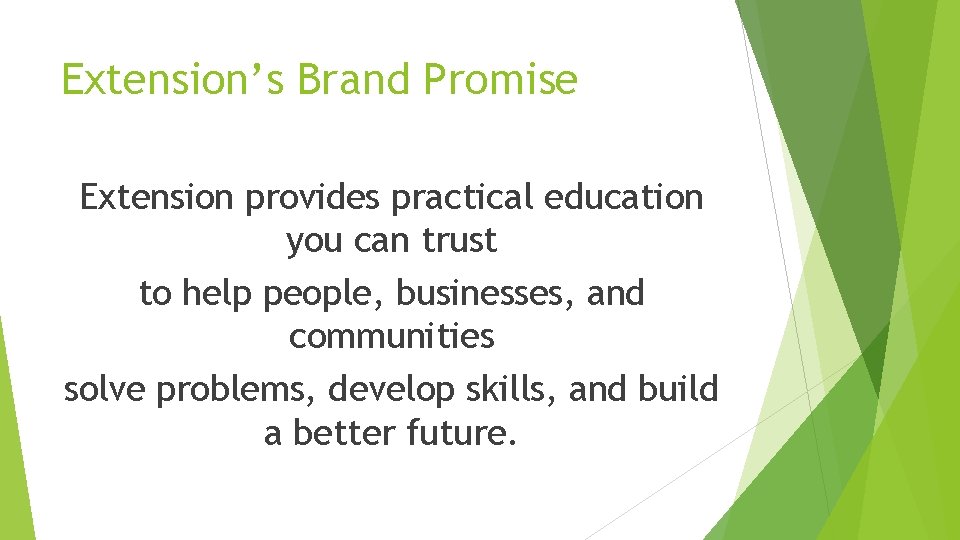 Extension’s Brand Promise Extension provides practical education you can trust to help people, businesses,