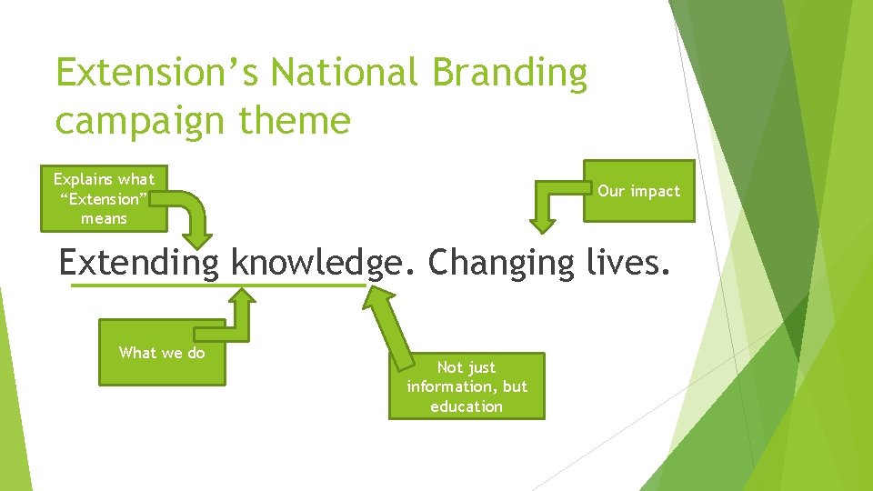 Extension’s National Branding campaign theme Explains what “Extension” means Our impact Extending knowledge. Changing