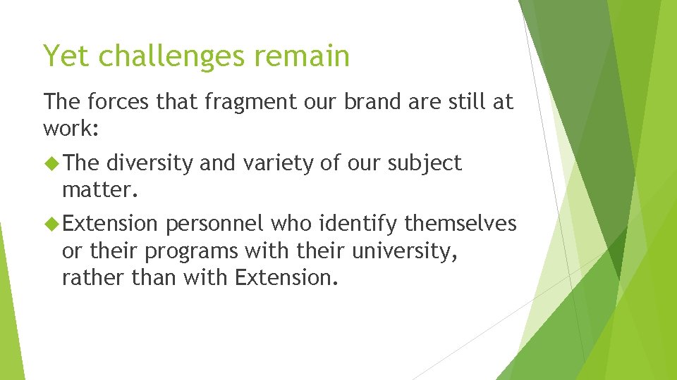 Yet challenges remain The forces that fragment our brand are still at work: The