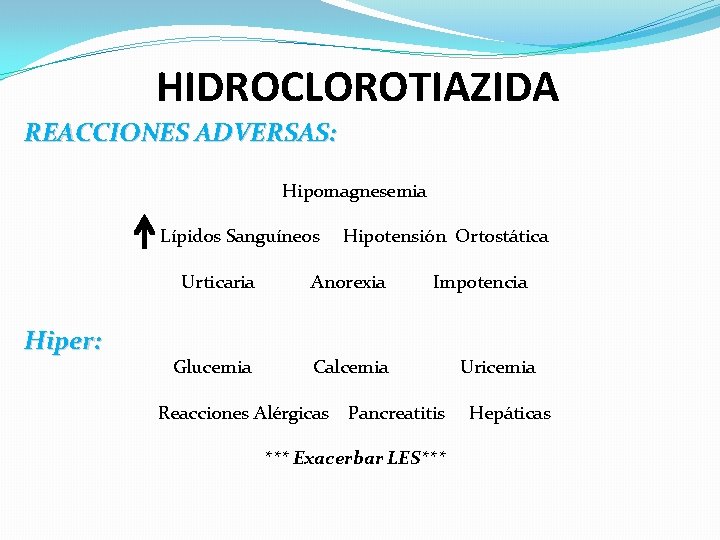 HIDROCLOROTIAZIDA REACCIONES ADVERSAS: Hipomagnesemia Lípidos Sanguíneos Hiper: Hipotensión Ortostática Urticaria Anorexia Glucemia Calcemia Reacciones