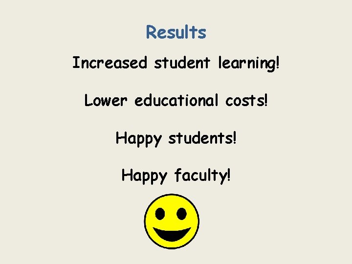 Results Increased student learning! Lower educational costs! Happy students! Happy faculty! 