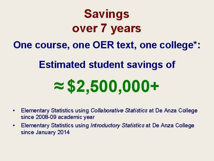 Savings over 7 years One course, one OER text, one college*: Estimated student savings