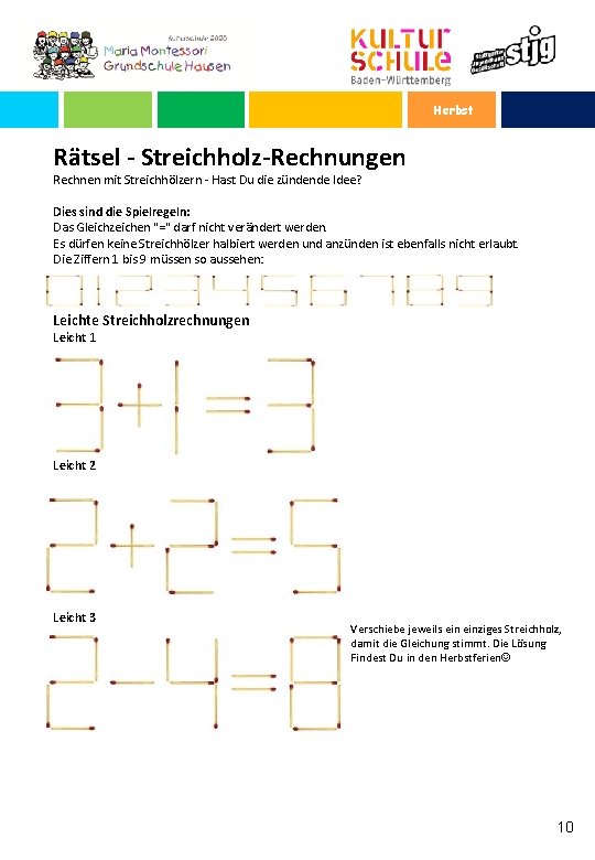 Herbst Rätsel - Streichholz-Rechnungen Rechnen mit Streichhölzern - Hast Du die zündende Idee? Dies