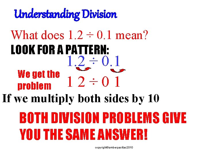 Understanding Division What does 1. 2 ÷ 0. 1 mean? LOOK FOR A PATTERN: