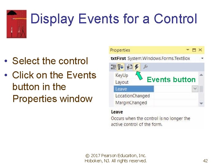 Display Events for a Control • Select the control • Click on the Events Display Events for a Control • Select the control • Click on the Events