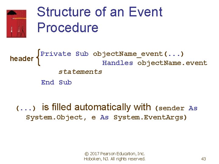 Structure of an Event Procedure Private Sub object. Name_event(. . . ) header Handles Structure of an Event Procedure Private Sub object. Name_event(. . . ) header Handles