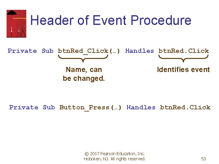 Header of Event Procedure Private Sub btn. Red_Click(…) Handles btn. Red. Click Name, can Header of Event Procedure Private Sub btn. Red_Click(…) Handles btn. Red. Click Name, can