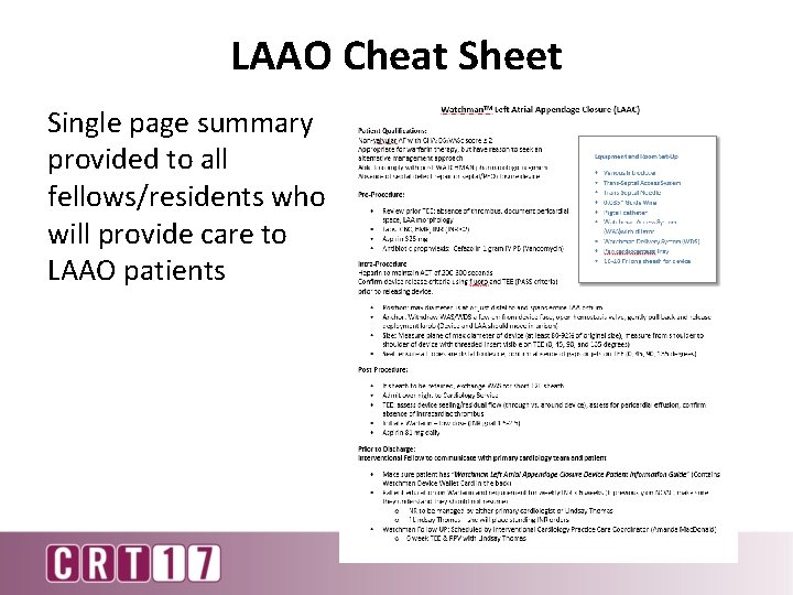 LAAO Cheat Sheet Single page summary provided to all fellows/residents who will provide care