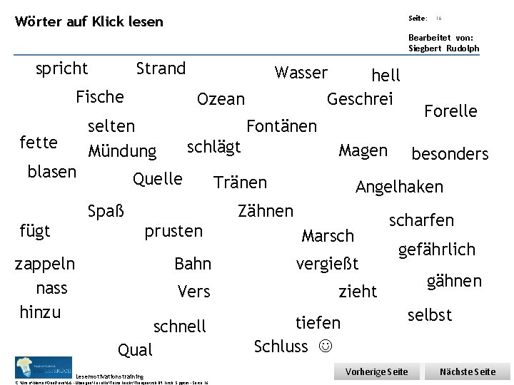 Übungsart: Wörter auf Klick lesen Seite: 16 Bearbeitet von: Siegbert Rudolph Strand spricht Fische