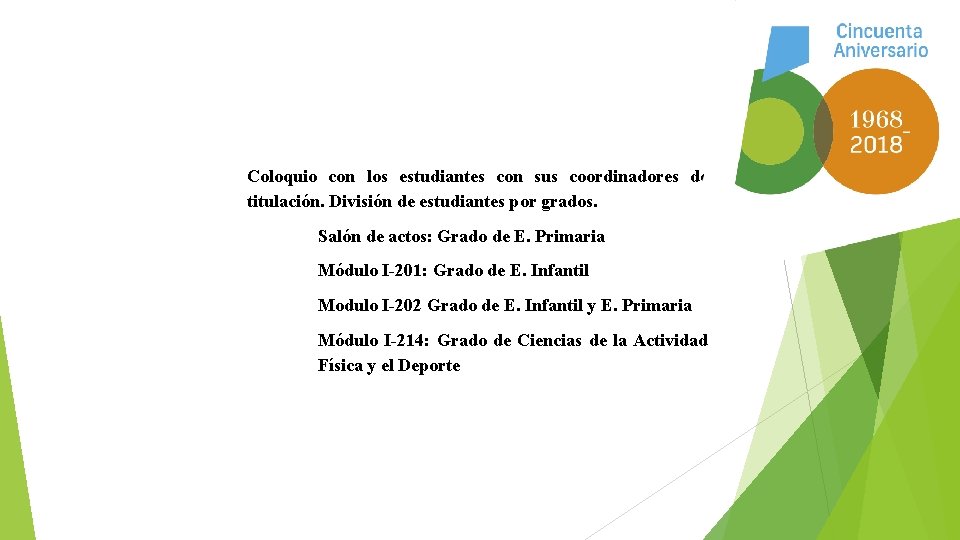 Coloquio con los estudiantes con sus coordinadores de titulación. División de estudiantes por grados.