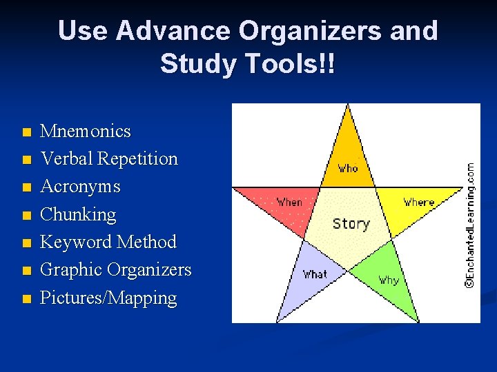 Use Advance Organizers and Study Tools!! n n n n Mnemonics Verbal Repetition Acronyms