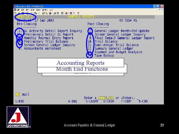 Accounting Reports Listing of Month’s Journal MUST be run before 14. 3. 8 Detail