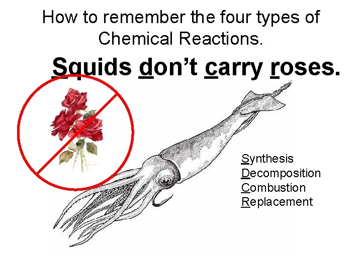 How to remember the four types of Chemical Reactions. Squids don’t carry roses. Synthesis