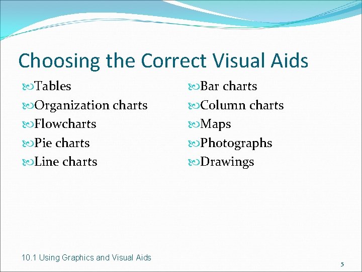 Choosing the Correct Visual Aids Tables Organization charts Flowcharts Pie charts Line charts 10.