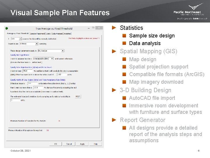 Visual Sample Plan Features Statistics Sample size design Data analysis Spatial Mapping (GIS) Map