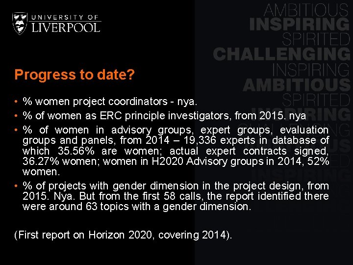 Progress to date? • % women project coordinators - nya. • % of women
