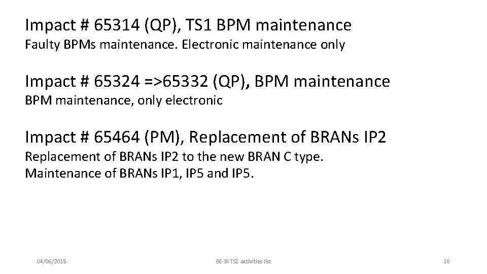 Impact # 65314 (QP), TS 1 BPM maintenance Faulty BPMs maintenance. Electronic maintenance only