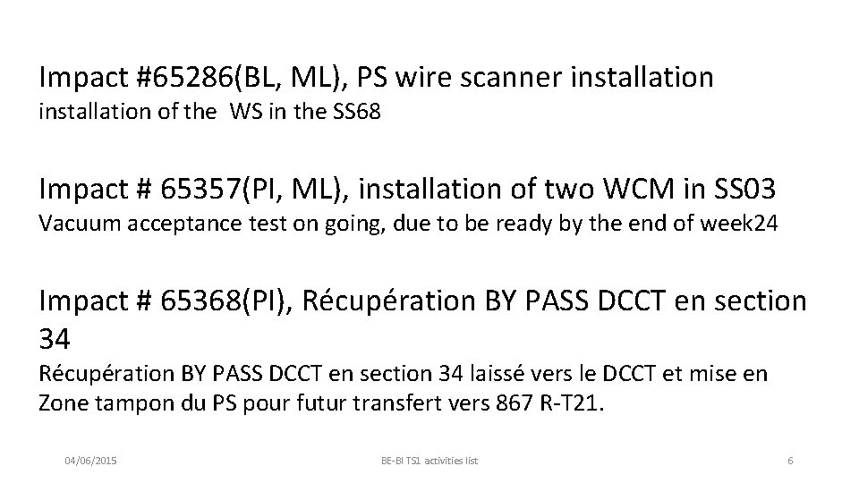 Impact #65286(BL, ML), PS wire scanner installation of the WS in the SS 68