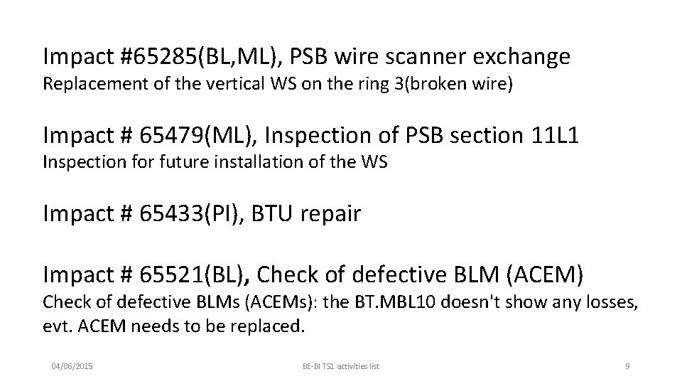 Impact #65285(BL, ML), PSB wire scanner exchange Replacement of the vertical WS on the