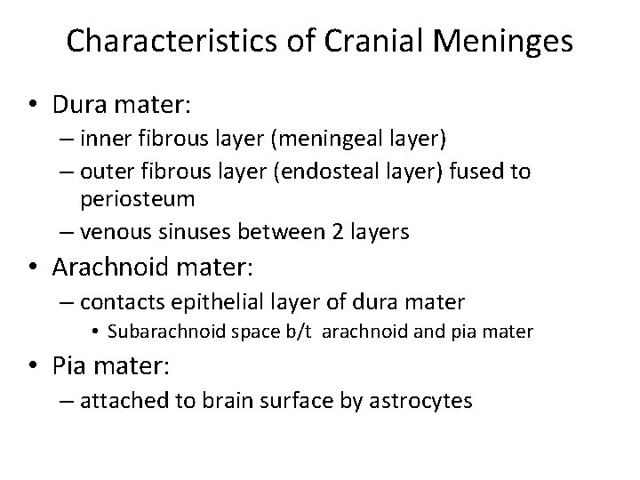 Characteristics of Cranial Meninges • Dura mater: – inner fibrous layer (meningeal layer) –
