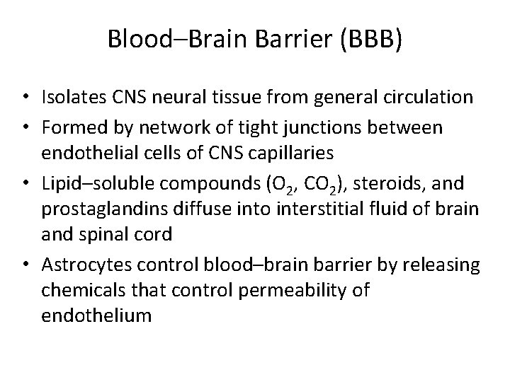Blood–Brain Barrier (BBB) • Isolates CNS neural tissue from general circulation • Formed by