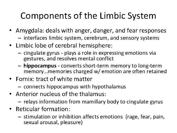 Components of the Limbic System • Amygdala: deals with anger, danger, and fear responses