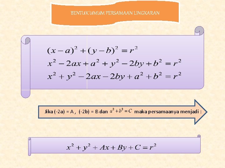 BENTUK UMUM PERSAMAAN LINGKARAN Jika (-2 a) = A , (-2 b) = B