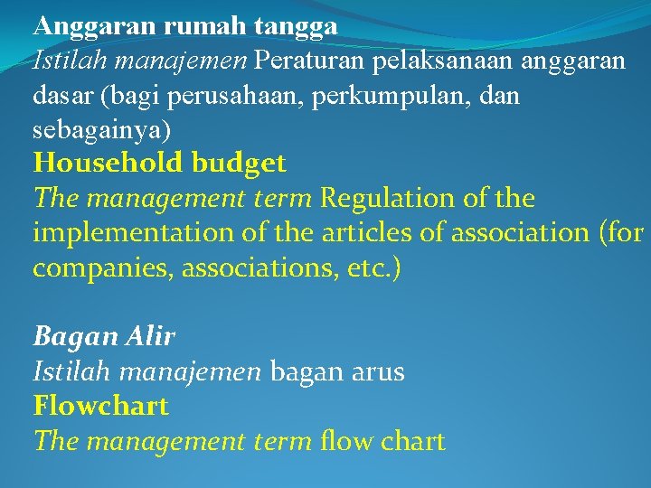 Anggaran rumah tangga Istilah manajemen Peraturan pelaksanaan anggaran dasar (bagi perusahaan, perkumpulan, dan sebagainya)