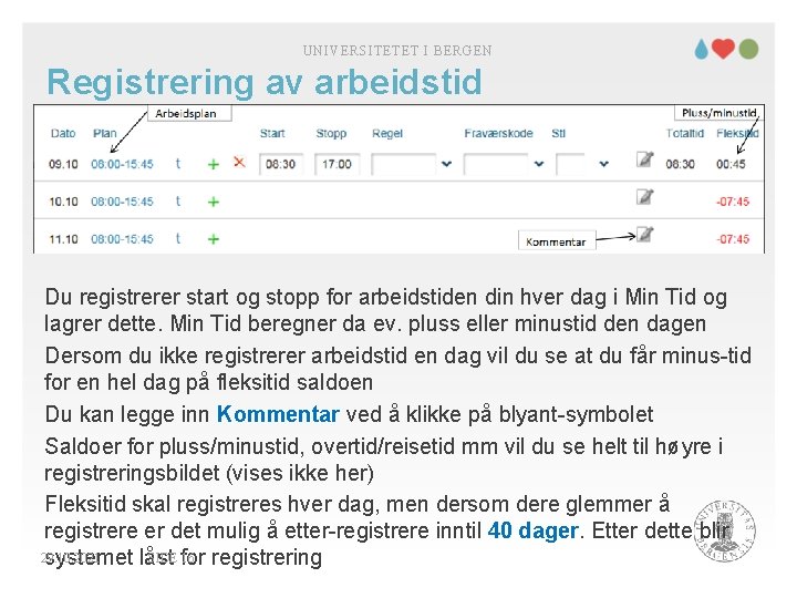 UNIVERSITETET I BERGEN Registrering av arbeidstid Du registrerer start og stopp for arbeidstiden din