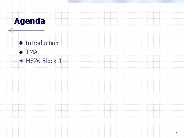 Agenda Introduction TMA M 876 Block 1 2 