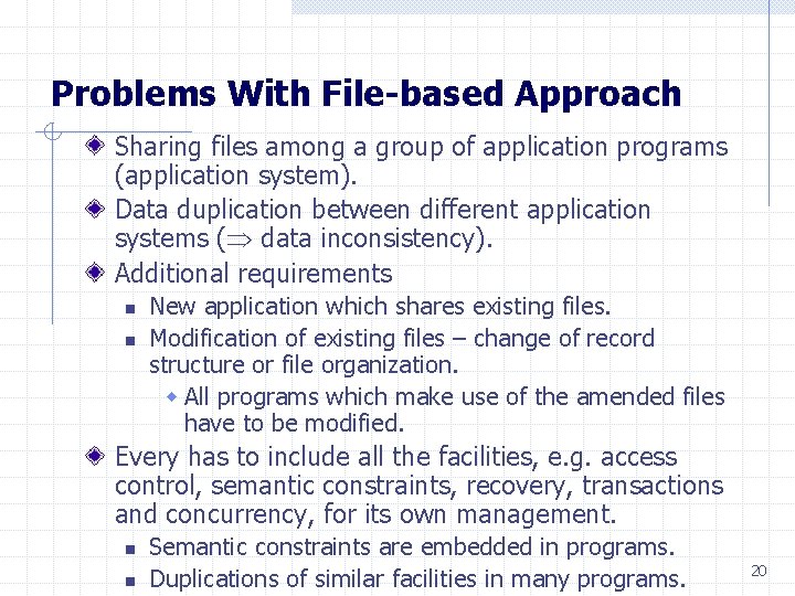 Problems With File-based Approach Sharing files among a group of application programs (application system).