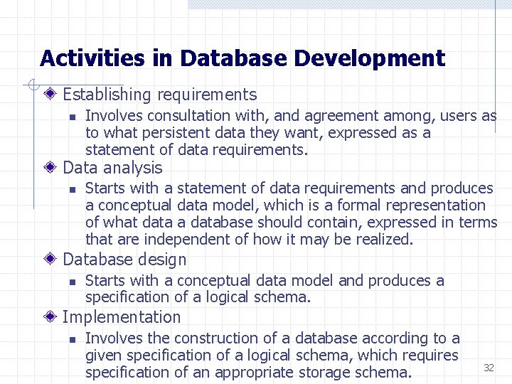 Activities in Database Development Establishing requirements n Involves consultation with, and agreement among, users