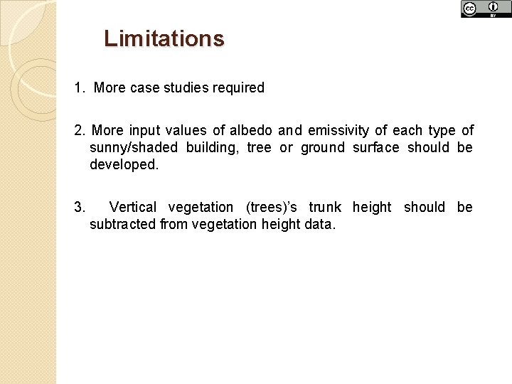 Limitations 1. More case studies required 2. More input values of albedo and emissivity