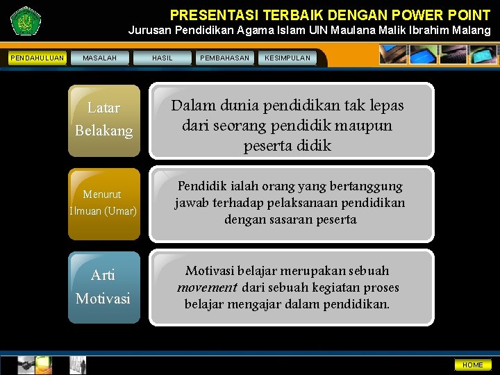 PRESENTASI TERBAIK DENGAN POWER POINT Jurusan Pendidikan Agama Islam UIN Maulana Malik Ibrahim Malang