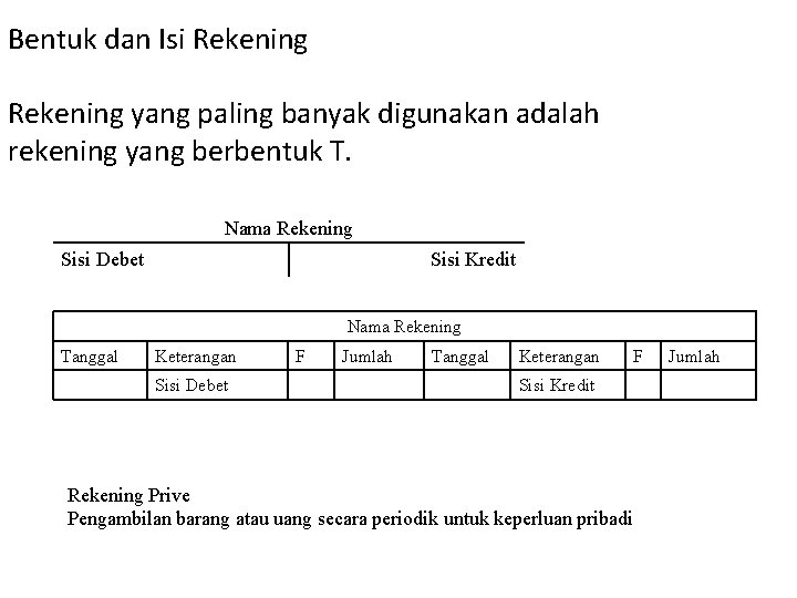 Bentuk dan Isi Rekening yang paling banyak digunakan adalah rekening yang berbentuk T. Nama