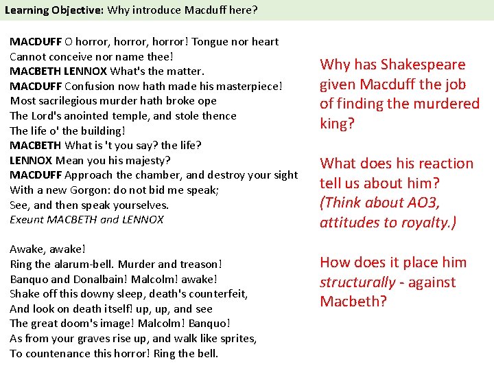 Learning Objective: Why introduce Macduff here? MACDUFF O horror, horror! Tongue nor heart Cannot