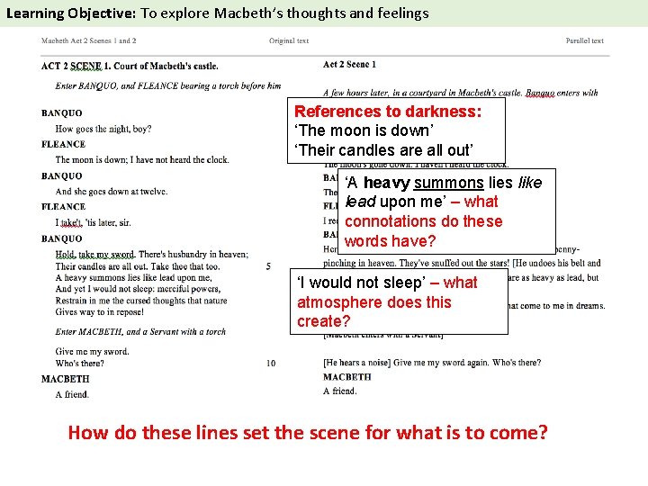 Learning Objective: To explore Macbeth’s thoughts and feelings References to darkness: ‘The moon is