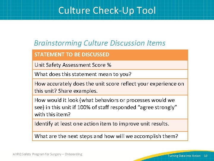Culture Check-Up Tool Brainstorming Culture Discussion Items STATEMENT TO BE DISCUSSED Unit Safety Assessment