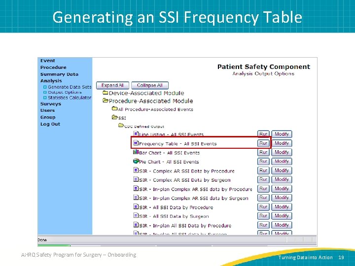 Generating an SSI Frequency Table 19 AHRQ Safety Program for Surgery – Onboarding Turning
